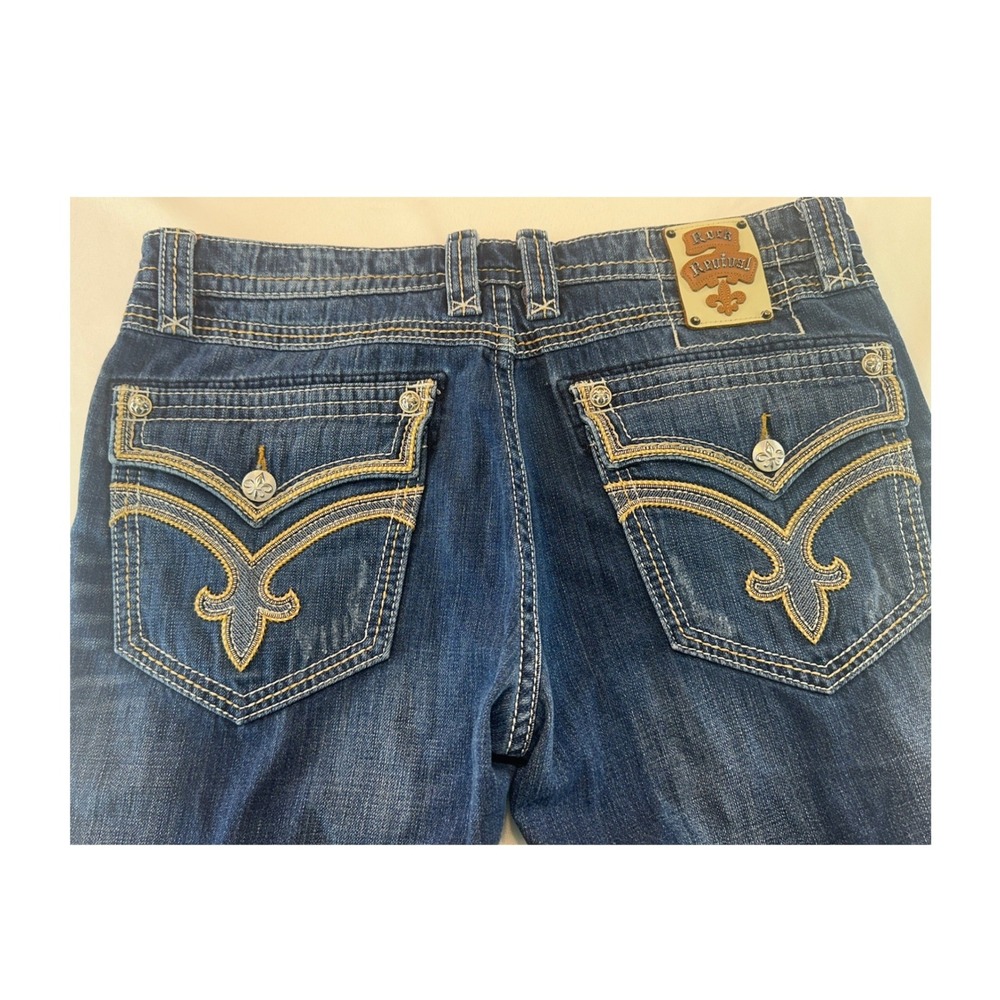 Rock Revival Frankie Bootcut Jeans Mens 38 Blue Denim Fleur De Lis Flap Pocket
